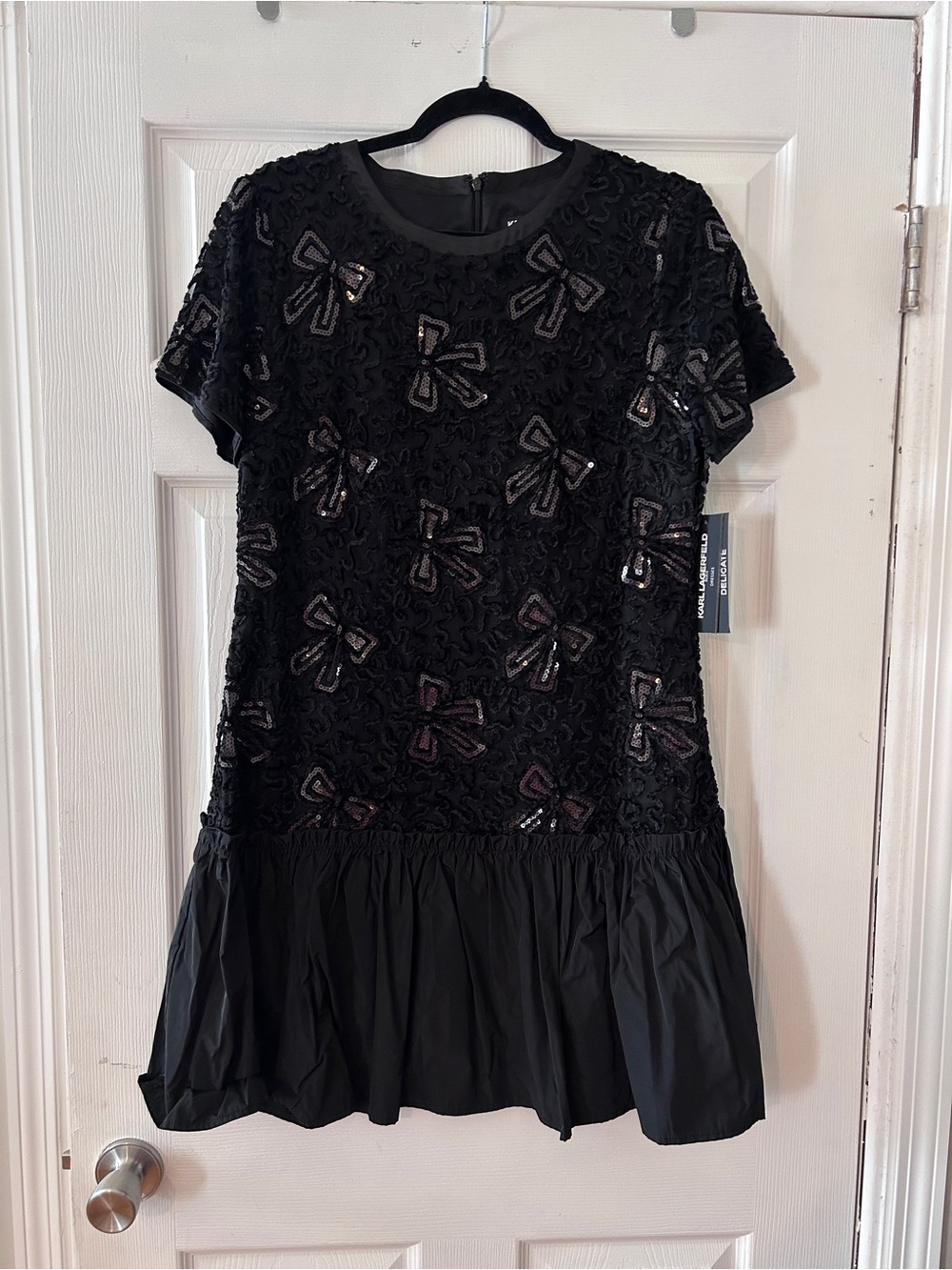 Karl Lagerfeld Black Short Sleeve Bow Sequin Mini Dress